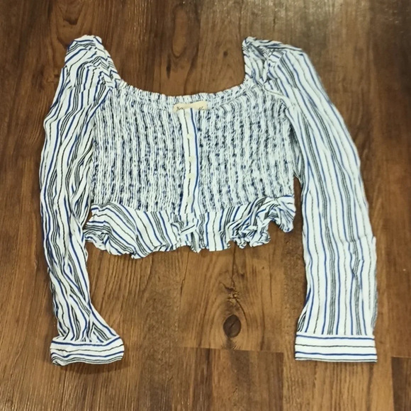 Cleobella Blue Black White Stripe Synched Ruffle Crop Top WWW - Picture 1 of 4